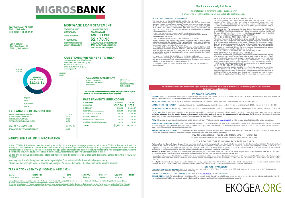 Relevé de prêt hypothécaire de la Banque Migros suisse aux formats Word et PDF 1 , 2